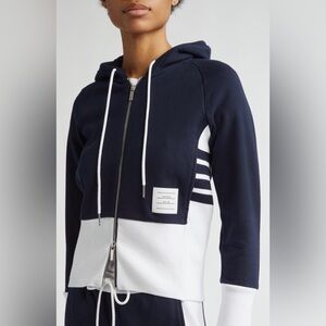 Thom Browne 4-Bar Colorblock French Terry Zip Hoodie in navy and white SZ 46/M